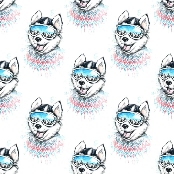 Kayakçı Husky ile seamless modeli suluboya çizimi.