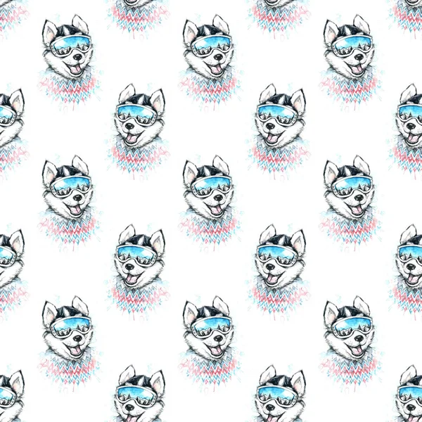 Kayakçı Husky ile seamless modeli suluboya çizimi.