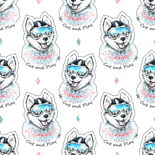 Kayakçı Husky ile seamless modeli suluboya çizimi.