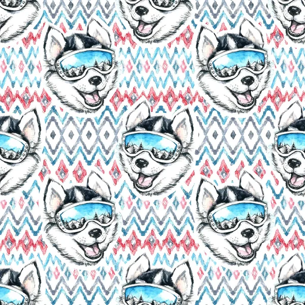 Kayakçı Husky ile seamless modeli suluboya çizimi.