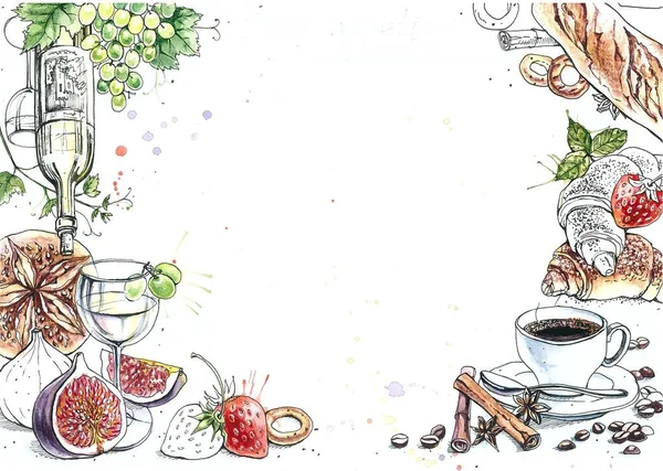 Akvarell illusztrációja enni menü keret. — Stock Fotó