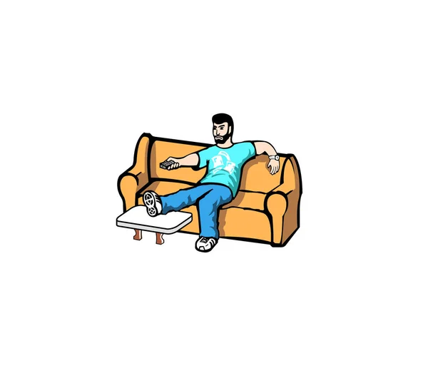 Homem Sofá Com Controle Remoto Mão Descansando Perna Mesa —  Vetores de Stock