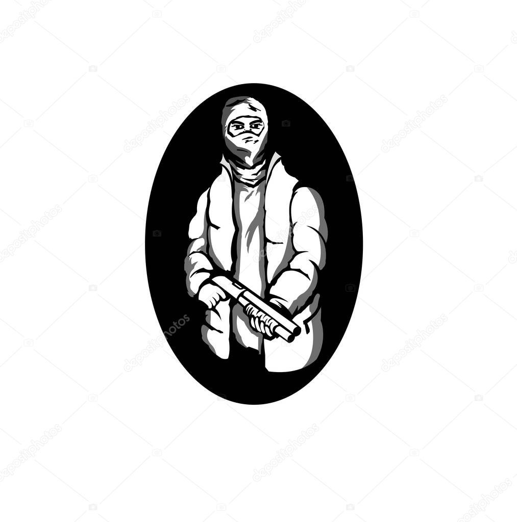 Man in the jacket and the mask with the shotgun