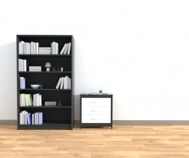 bir kitaplık ve büfe 3D render