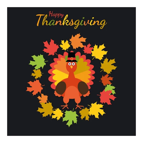 Ευχές για τη γιορτή των Ευχαριστιών. Ευχετήρια κάρτα με την Τουρκία αστείο καρτούν και Φθινοπωρινό φόντο. — Διανυσματικό Αρχείο