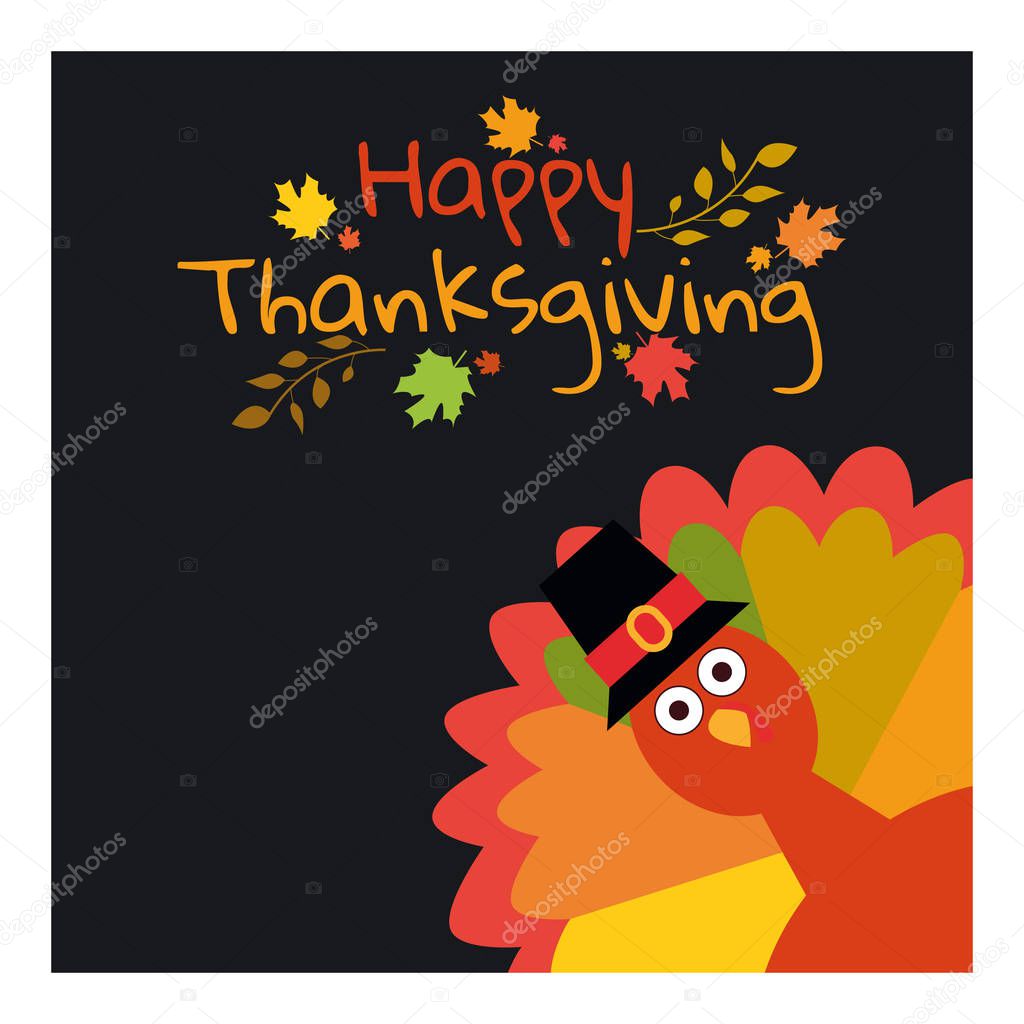 Happy Thanksgiving. Greeting card with funny cartoon turkey autumnal background. 