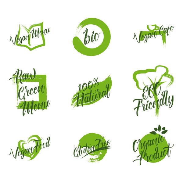 Набор экологически чистых продуктов, зеленое сырое меню, 100 натуральных, экологически чистых, без глютена, веганская еда зеленого цвета, веганское меню Веганское кафе Векторные логотипы
