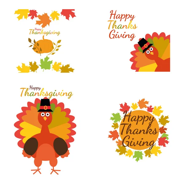 Joyeux Thanksgiving Set. Carte de voeux avec drôle de dessin animé dinde et fond automnal . — Image vectorielle