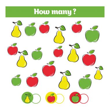 Eğitim Çocuk oyun, çocuk aktivite levha sayma. Kaç nesneleri görev. Öğrenme matematik, sayılar, ek Tema