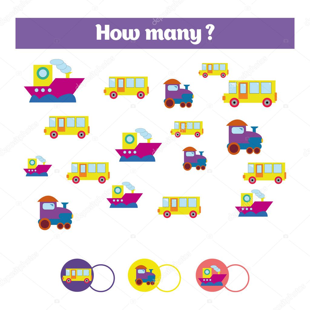 Counting educational children game, kids activity sheet. How many objects task. Learning mathematics, numbers, addition theme