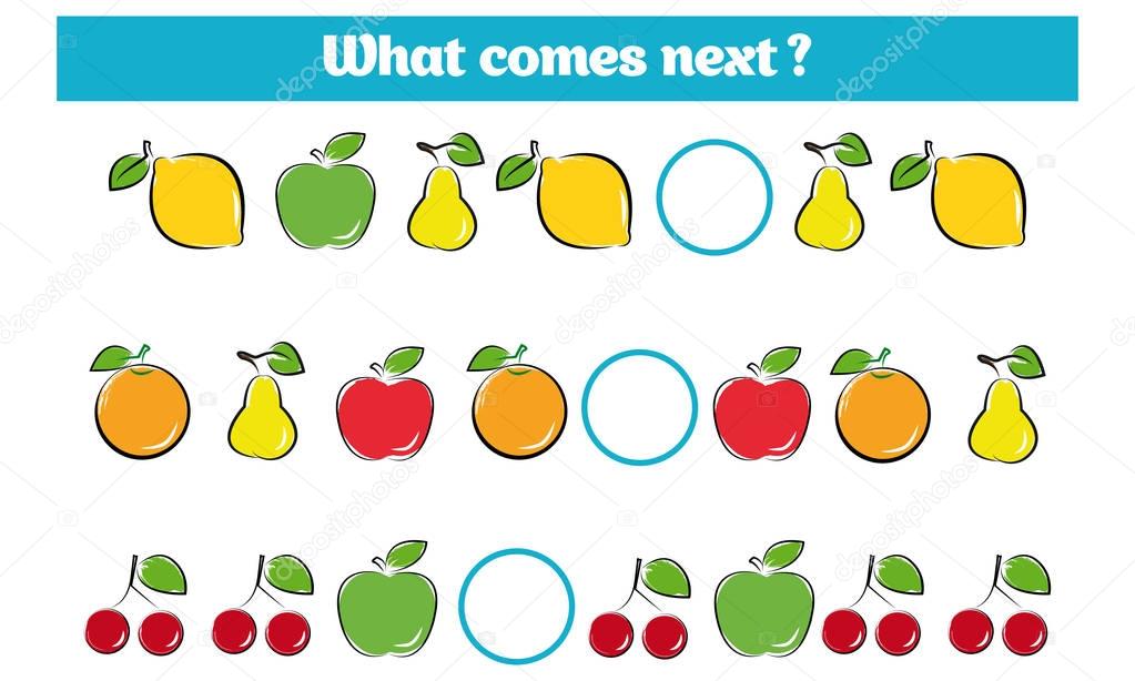 What comes next educational children game. Kids activity sheet, training logic, continue the row task with colorful simple shapes