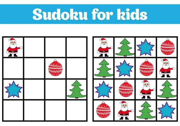 Sudoku juego para niños con fotos. Juego lógico para niños en edad preescolar. rebus para niños. Ilustración del vector del juego educativo Feliz Navidad, año nuevo — Vector de stock