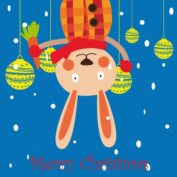 Mão desenhada feliz natal feliz ano novo 2018 inverno cartão fundo com bonito coelho dos desenhos animados — Vetor de Stock