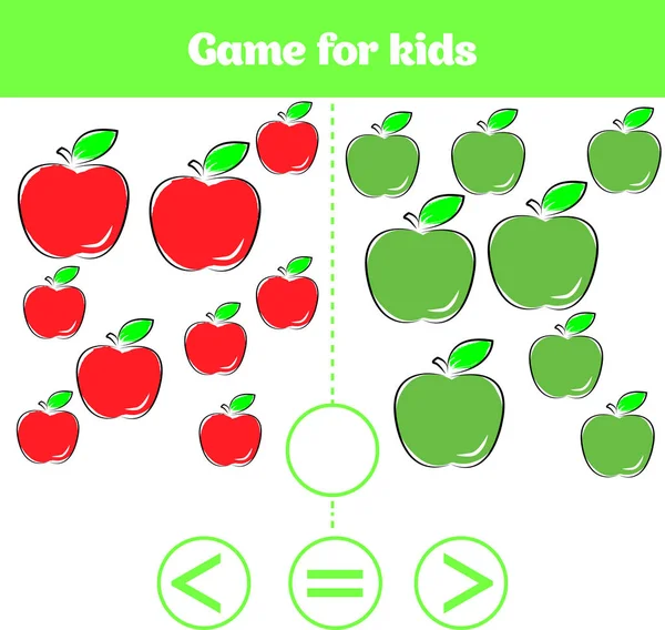 学龄前儿童的教育逻辑游戏。选择正确的答案。更多, 较少或相等的向量图。水果蔬菜, 儿童图片 — 图库矢量图片