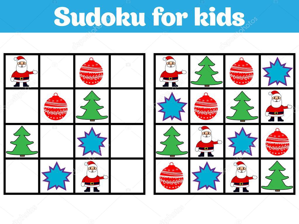 Sudoku game for children with pictures. Logic game for preschool children. rebus for children. Educational game vector illustration. Merry christmas, new year