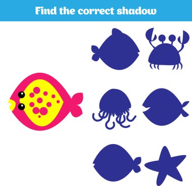 Gölge eşleştirme oyunu çocuklar için. Sağ gölge bulmak. Okul öncesi çocuklar için aktivite. Tema deniz kızı deniz, okyanus, balık. Vektör çizim.