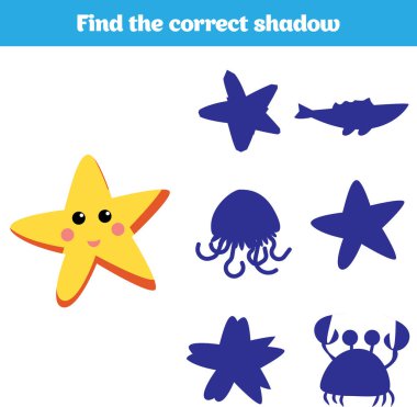 Gölge eşleştirme oyunu çocuklar için. Sağ gölge bulmak. Okul öncesi çocuklar için aktivite. Tema deniz kızı deniz, okyanus, balık. Vektör çizim.