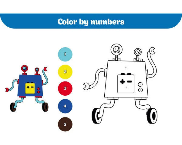 Cor por número, jogo de educação para crianças. Colorir página, desenho atividade crianças. Robô — Vetor de Stock