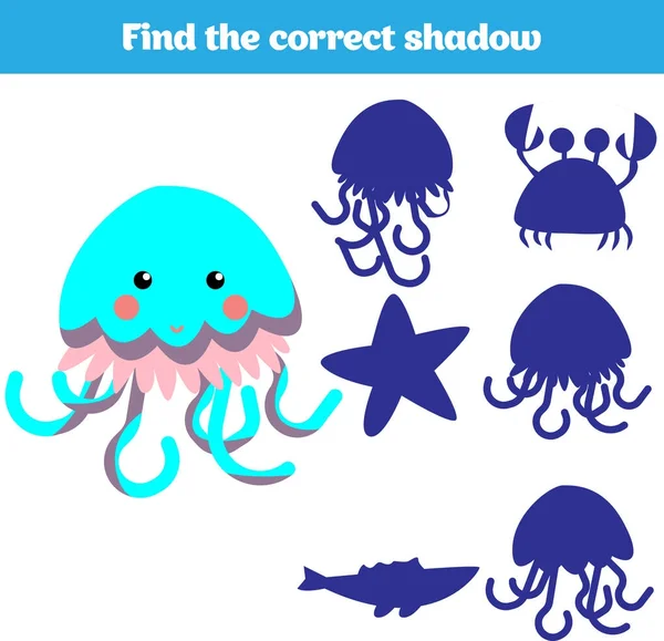 Gölge eşleştirme oyunu çocuklar için. Sağ gölge bulmak. Okul öncesi çocuklar için aktivite. Tema deniz kızı deniz, okyanus, balık. Vektör çizim.