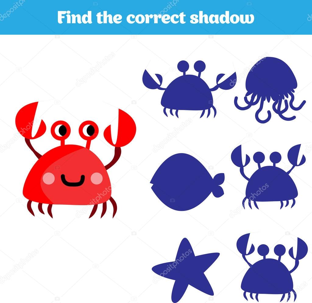 Shadow matching game for children. Find the right shadow. Activity for preschool kids. Theme mermaid sea, ocean, fish. Vector illustration.