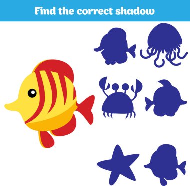 Gölge eşleştirme oyunu çocuklar için. Sağ gölge bulmak. Okul öncesi çocuklar için aktivite. Tema deniz kızı deniz, okyanus, balık. Vektör çizim.