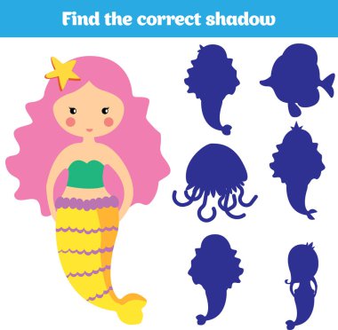 Gölge eşleştirme oyunu çocuklar için. Sağ gölge bulmak. Okul öncesi çocuklar için aktivite. Tema deniz kızı deniz, okyanus, balık. Vektör çizim.