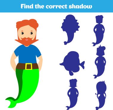 Gölge eşleştirme oyunu çocuklar için. Sağ gölge bulmak. Okul öncesi çocuklar için aktivite. Tema deniz kızı deniz, okyanus, balık. Vektör çizim.