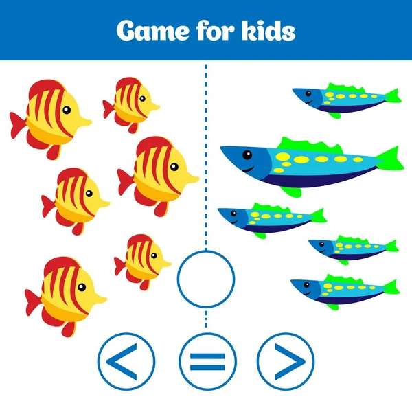 Education logic game for preschool kids. Choose the correct answer. More, less or equal Vector illustration. Theme mermaid sea, ocean, fish — Stock Vector