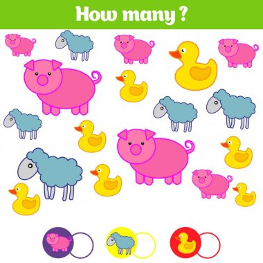 Eğitim Çocuk oyun, çocuk aktivite levha sayma. Kaç nesneleri görev. Öğrenme matematik, sayılar