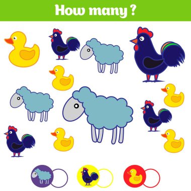 Eğitim Çocuk oyun, çocuk aktivite levha sayma. Kaç nesneleri görev. Öğrenme matematik, sayılar