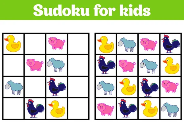 Sudoku gry dla dzieci z obrazkami. Logika gry dla dzieci w wieku przedszkolnym. Rebus dla dzieci. Ilustracja wektorowa gry edukacyjne — Wektor stockowy