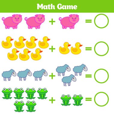 Çocuklar için matematik eğitici bir oyun. Çıkarma çalışma sayfası etkinlik sayma çocuklar için öğrenme. Vektör çizim