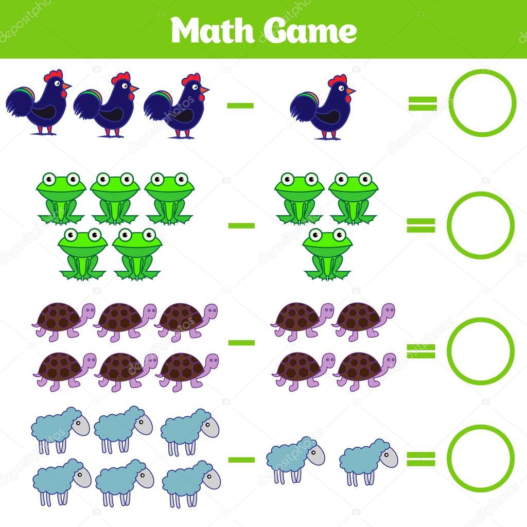 Mathematics educational game for children. Learning subtraction worksheet for kids, counting activity. Vector illustration