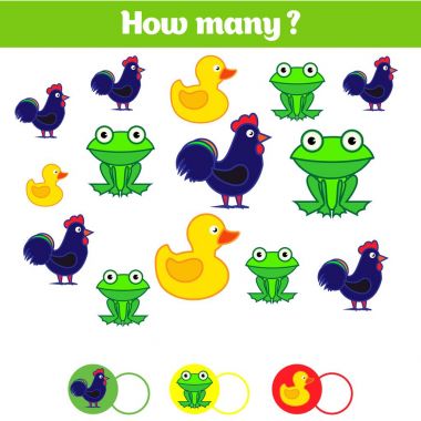 Eğitim Çocuk oyun, çocuk aktivite levha sayma. Kaç nesneleri görev. Öğrenme matematik, sayılar