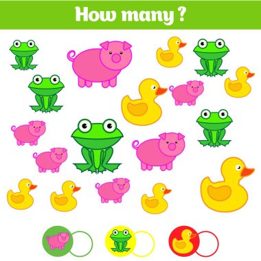 Eğitim Çocuk oyun, çocuk aktivite levha sayma. Kaç nesneleri görev. Öğrenme matematik, sayılar