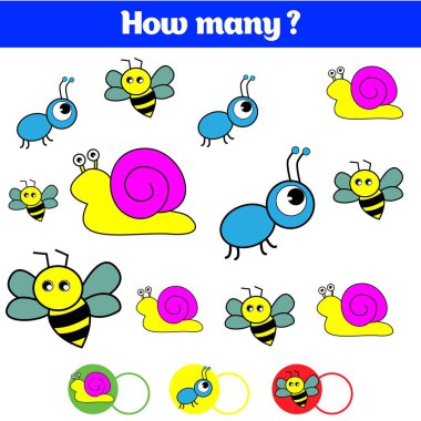 Eğitim Çocuk oyun, çocuk aktivite levha sayma. Kaç nesneleri görev. Öğrenme matematik, sayılar.