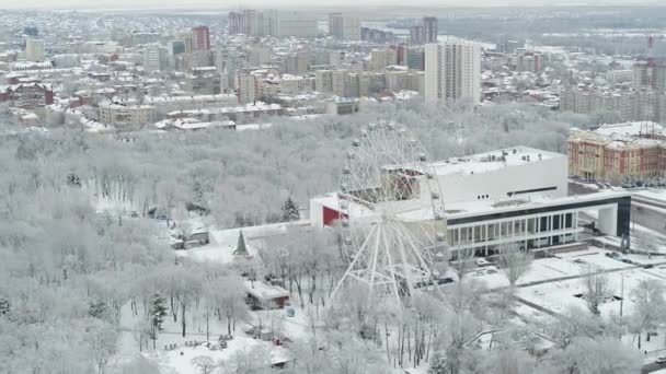 Ростов-на-Дону, Россия - январь 2019 года: город в снегу - театр им. Горького, колесо обозрения и парк революции сверху — стоковое видео