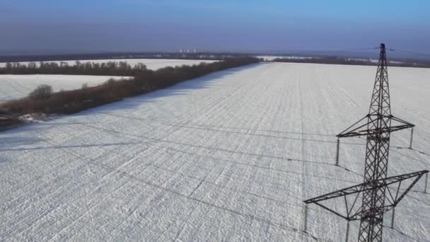 Pilones de línea de alimentación en un campo en invierno, Rusia, vista aérea — Vídeo de stock