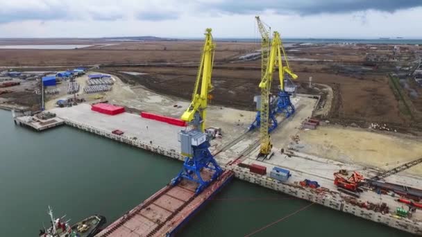 Погрузка кранов на баржу, Торговый порт Темрюк, Россия, вид с воздуха — стоковое видео