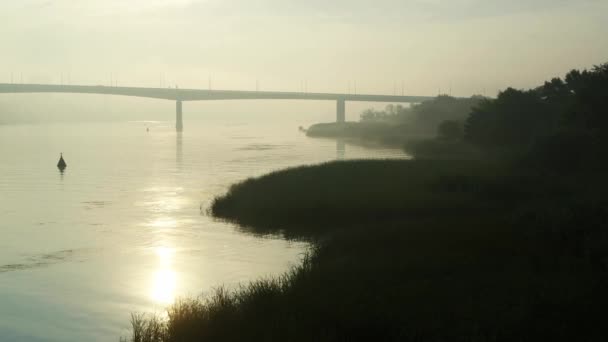 Fluss und Brücke im Morgengrauen, geheimnisvolle Landschaft im Nebel, Drohnenaufnahmen — Stockvideo