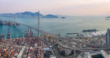 Hong Kong, China - 2020: road junction, Stonecutters Bridge and Container Terminal, aerial view