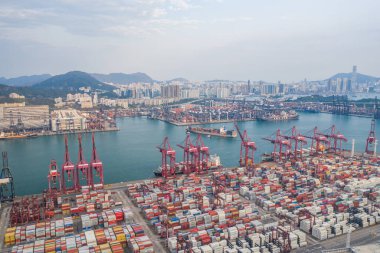 Hong Kong, China - 2020: container terminal, stock and cranes from above