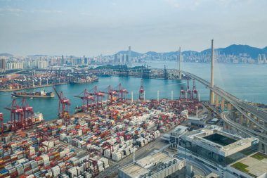 Hong Kong, China - 2020: Container Terminal and Stonecutters Bridge from above