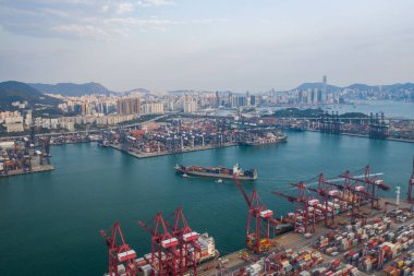 Hong Kong, China - 2020: port, container terminal and ship from above