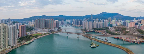 Hong Kong, China - 2020: Rambler Channel and bridges, panoramic view from above — Stock Photo, Image