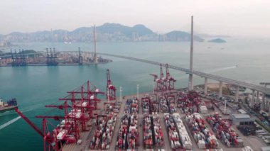 Hong Kong - 2020: Stonecutters Bridge and container terminal, aerial view