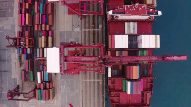 Hongkong - 2020: konténerek rakodása hajóra, légi kilátás — Stock videók