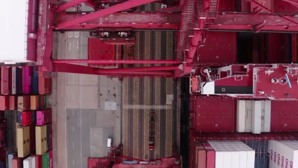 Hong Kong - 2020: cranes load containers on a ship, aerial view — 비디오