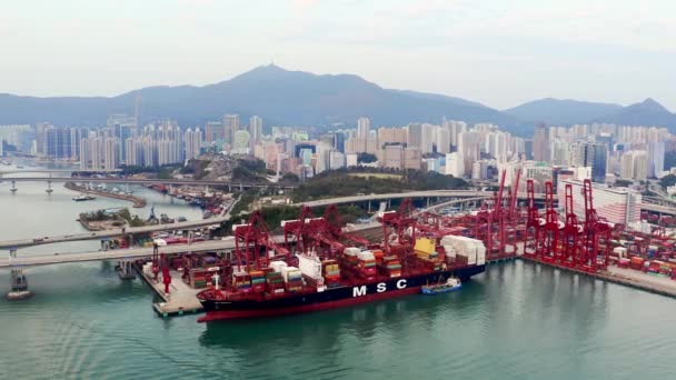 Hong Kong, Čína - 2020: velikost lodi v přístavu, letecký pohled — Stock video