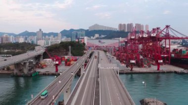 Hong Kong - 2020: Tsing Yi South Bridge and container terminal from above